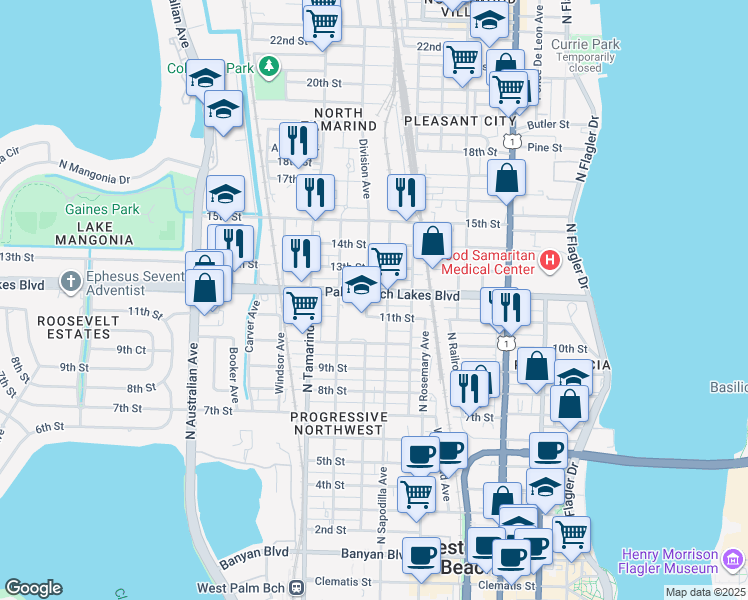map of restaurants, bars, coffee shops, grocery stores, and more near 1206 Division Avenue in West Palm Beach