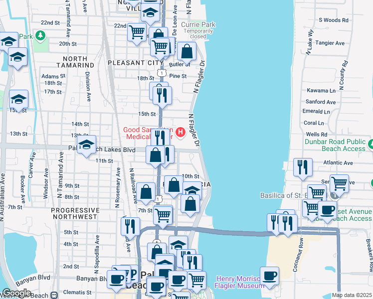 map of restaurants, bars, coffee shops, grocery stores, and more near in West Palm Beach