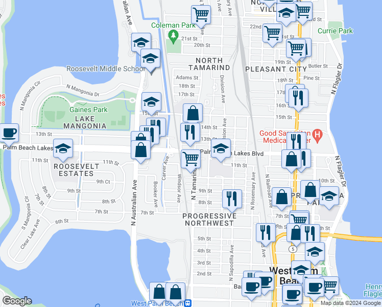 map of restaurants, bars, coffee shops, grocery stores, and more near 1023 11th Street in West Palm Beach