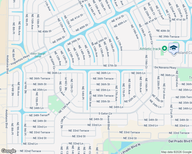 map of restaurants, bars, coffee shops, grocery stores, and more near 1513 Northeast 36th Terrace in Cape Coral