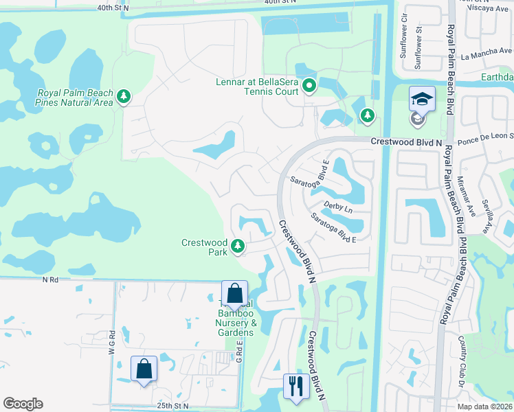 map of restaurants, bars, coffee shops, grocery stores, and more near 2736 Misty Oaks Circle in Royal Palm Beach