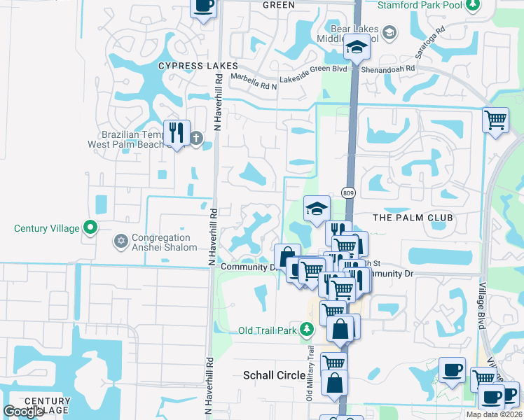 map of restaurants, bars, coffee shops, grocery stores, and more near 4815 Via Palm Lakes in West Palm Beach