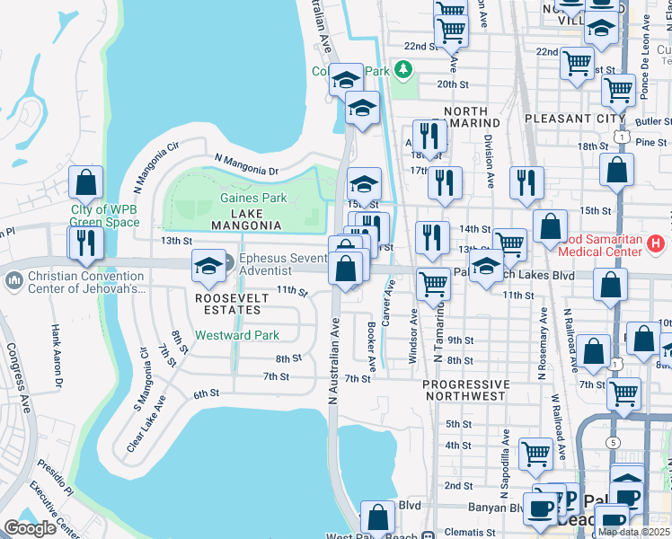 map of restaurants, bars, coffee shops, grocery stores, and more near N Australian Ave & Palm Beach Lakes Blvd in West Palm Beach