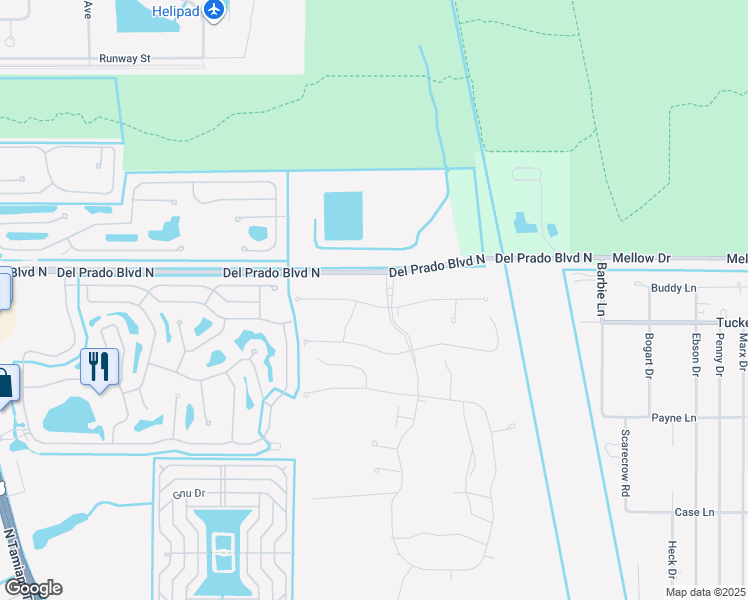 map of restaurants, bars, coffee shops, grocery stores, and more near Del Prado Boulevard North in North Fort Myers