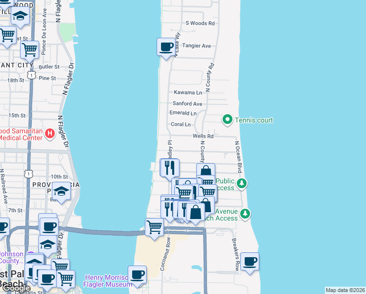 map of restaurants, bars, coffee shops, grocery stores, and more near 245 Dunbar Road in Palm Beach