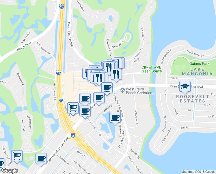 map of restaurants, bars, coffee shops, grocery stores, and more near 1325 North Congress Avenue in West Palm Beach