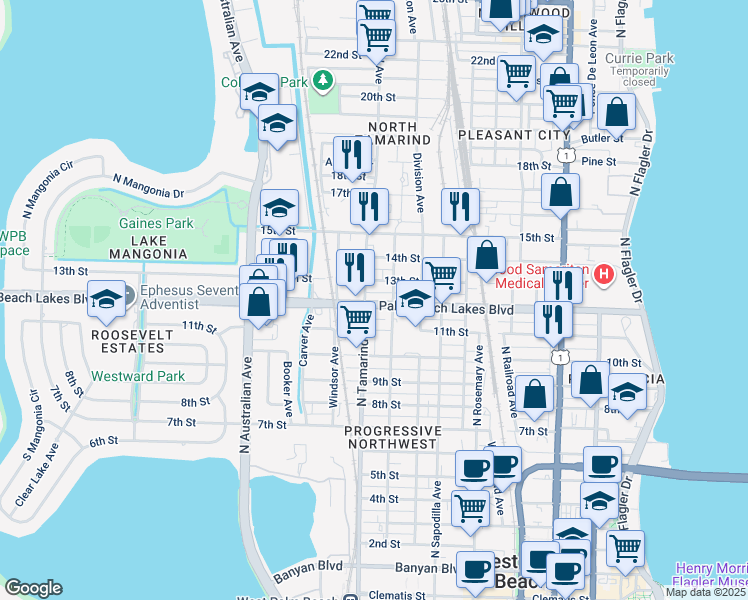 map of restaurants, bars, coffee shops, grocery stores, and more near 910 13th Street in West Palm Beach
