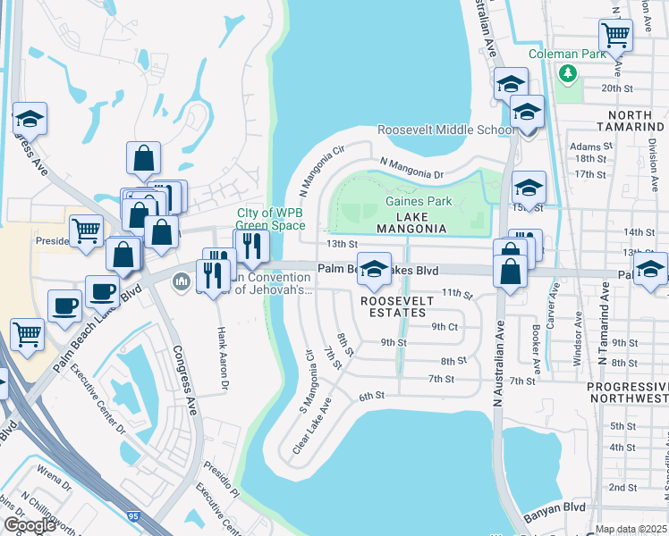 map of restaurants, bars, coffee shops, grocery stores, and more near Palm Beach Lakes Boulevard in West Palm Beach