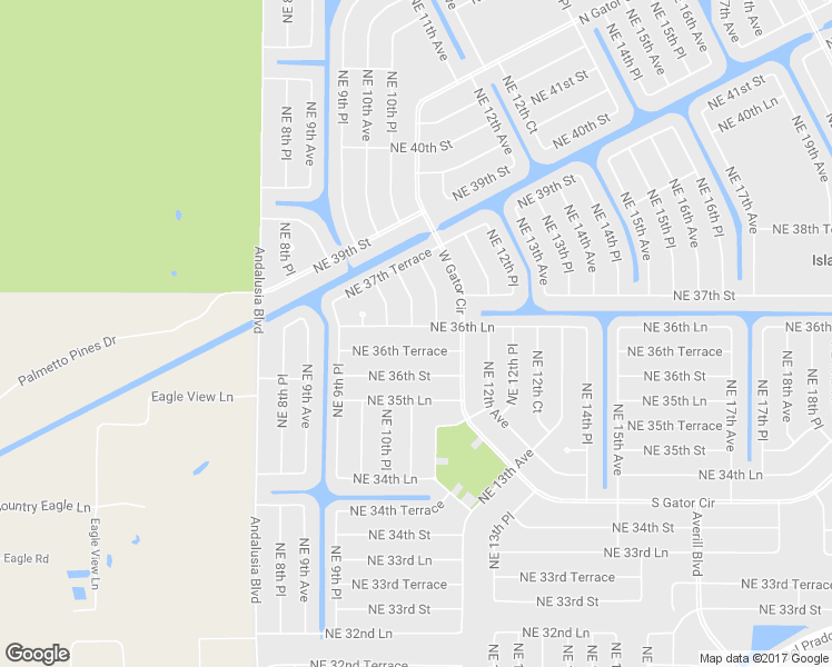 map of restaurants, bars, coffee shops, grocery stores, and more near 1100 Northeast 36th Terrace in Cape Coral