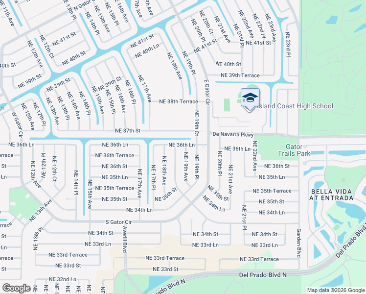map of restaurants, bars, coffee shops, grocery stores, and more near 1903 Northeast 36th Lane in Cape Coral