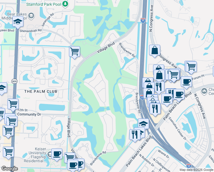 map of restaurants, bars, coffee shops, grocery stores, and more near 1550 Wilderness Road in West Palm Beach