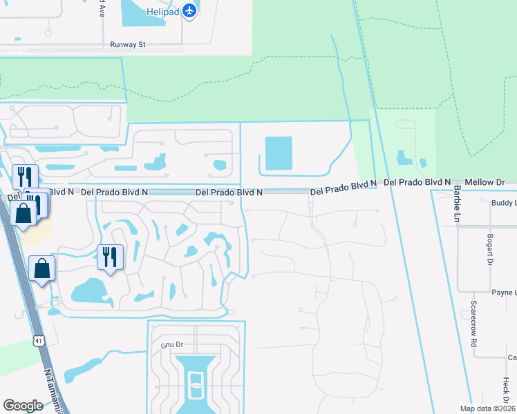 map of restaurants, bars, coffee shops, grocery stores, and more near Del Prado Boulevard North in North Fort Myers