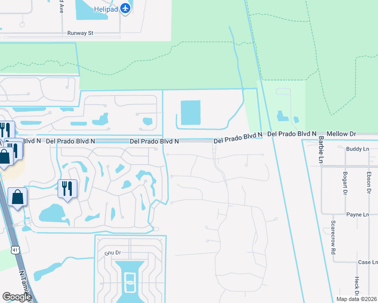 map of restaurants, bars, coffee shops, grocery stores, and more near Del Prado Boulevard North in North Fort Myers