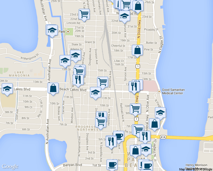 map of restaurants, bars, coffee shops, grocery stores, and more near 618 13th Street in West Palm Beach