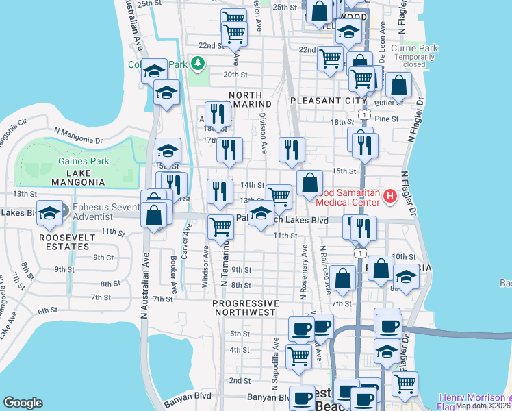map of restaurants, bars, coffee shops, grocery stores, and more near 800 13th Street in West Palm Beach