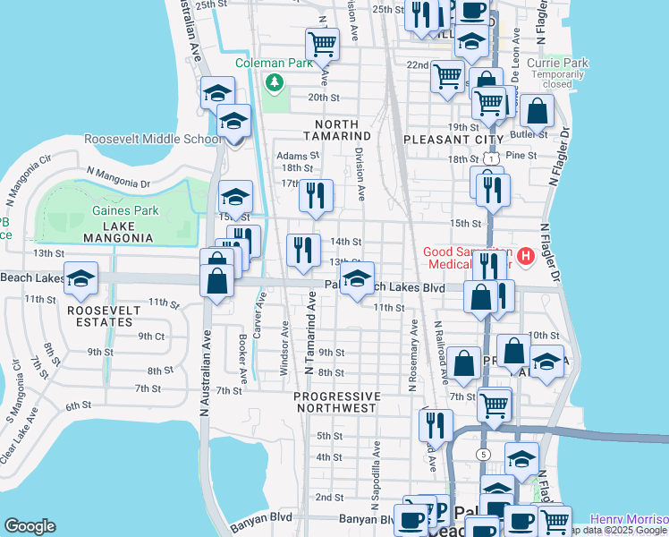 map of restaurants, bars, coffee shops, grocery stores, and more near 910 13th Street in West Palm Beach