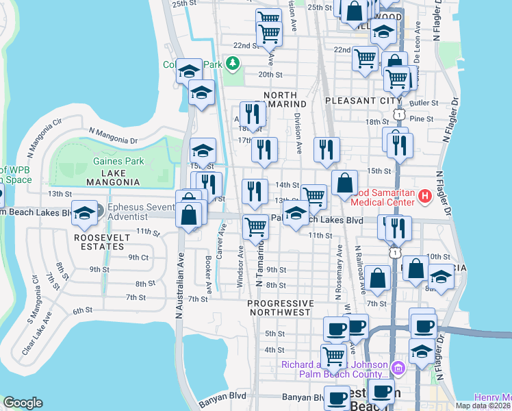 map of restaurants, bars, coffee shops, grocery stores, and more near 1018 13th Street in West Palm Beach
