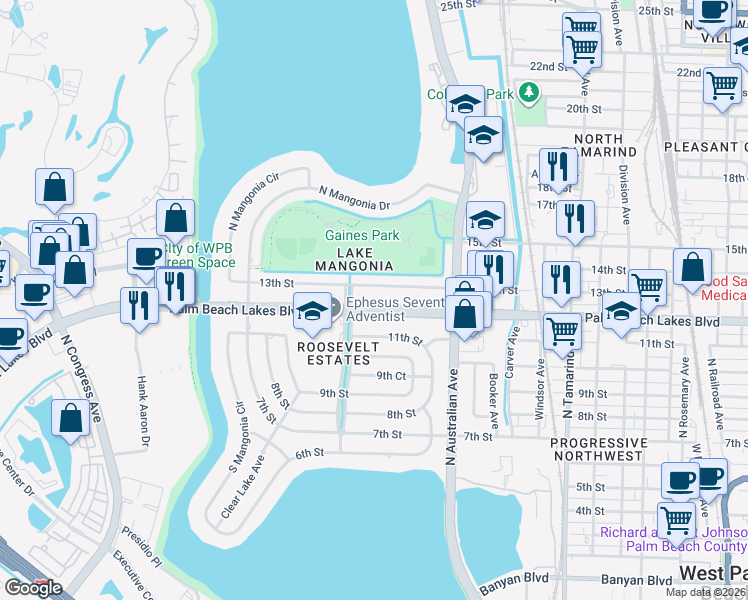 map of restaurants, bars, coffee shops, grocery stores, and more near 1364 13th Street in West Palm Beach