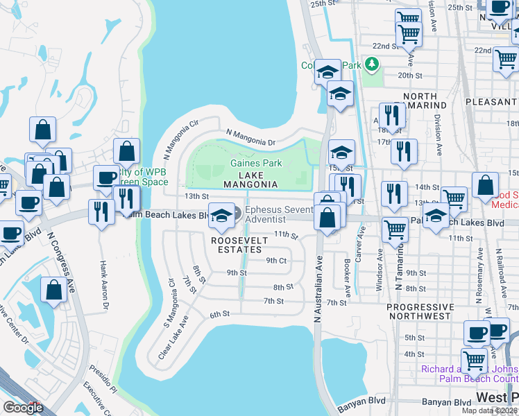 map of restaurants, bars, coffee shops, grocery stores, and more near 1364 13th Street in West Palm Beach