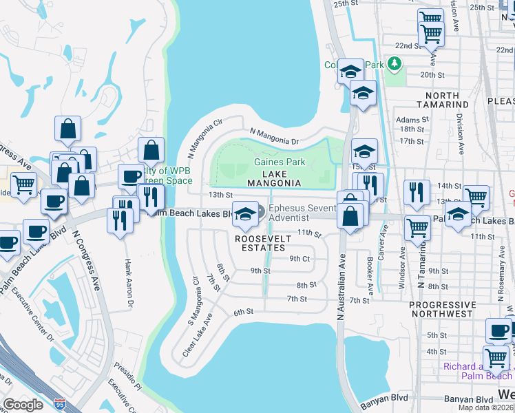 map of restaurants, bars, coffee shops, grocery stores, and more near 1401 Palm Beach Lakes Boulevard in West Palm Beach