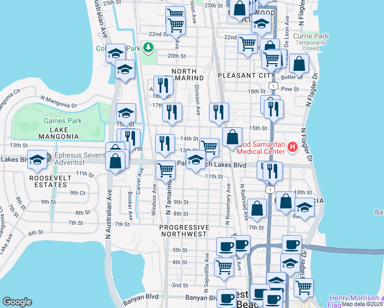 map of restaurants, bars, coffee shops, grocery stores, and more near 812 13th Street in West Palm Beach