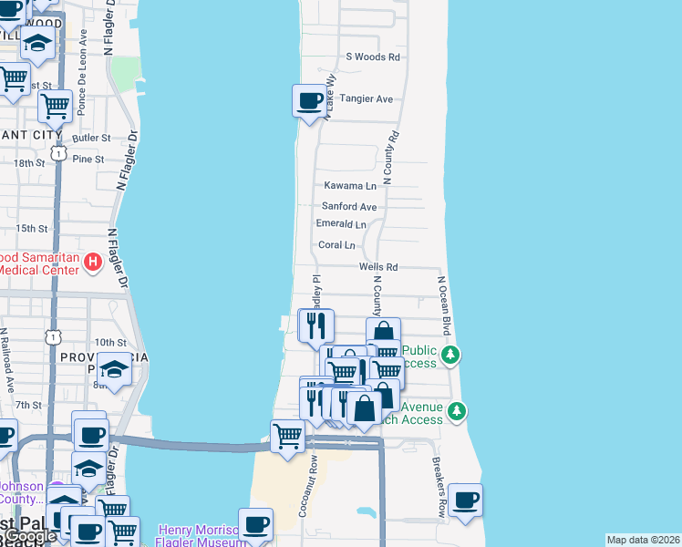 map of restaurants, bars, coffee shops, grocery stores, and more near 246 Wells Road in Palm Beach
