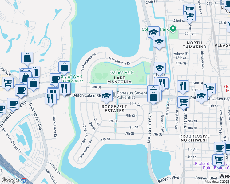map of restaurants, bars, coffee shops, grocery stores, and more near 1401 Palm Beach Lakes Boulevard in West Palm Beach