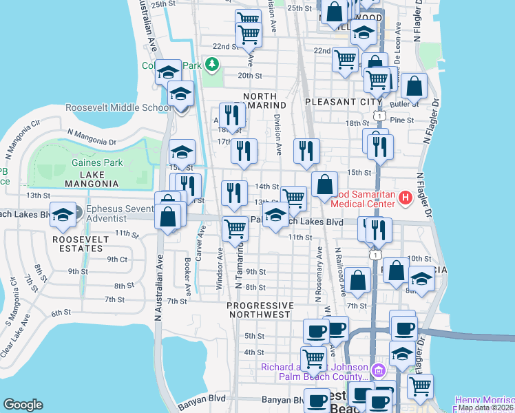 map of restaurants, bars, coffee shops, grocery stores, and more near 910 13th Street in West Palm Beach