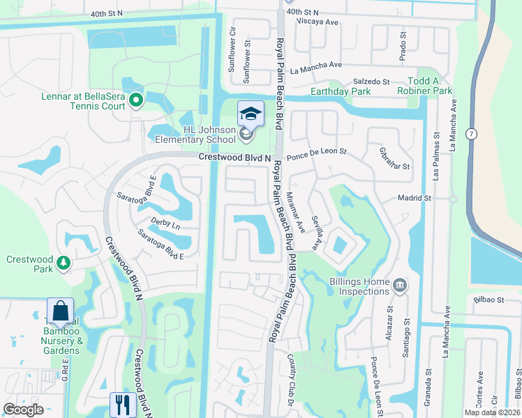 map of restaurants, bars, coffee shops, grocery stores, and more near 105 Parkwood Drive in Royal Palm Beach