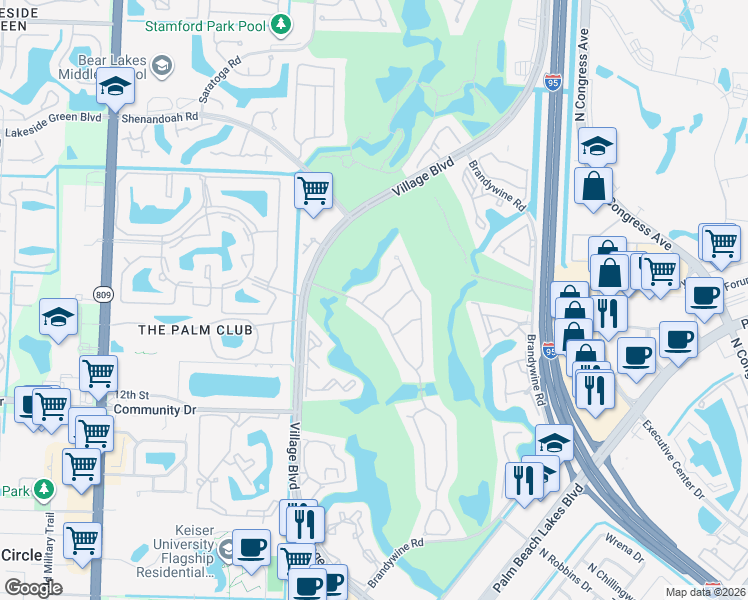 map of restaurants, bars, coffee shops, grocery stores, and more near 2840 Wilderness Road in West Palm Beach