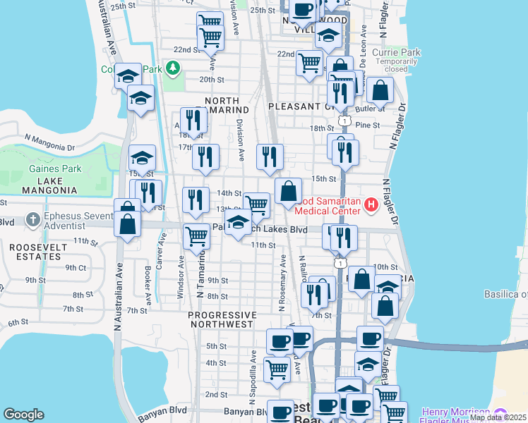 map of restaurants, bars, coffee shops, grocery stores, and more near 618 13th Street in West Palm Beach