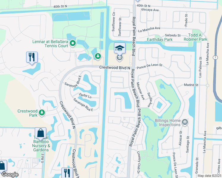 map of restaurants, bars, coffee shops, grocery stores, and more near 122 Parkwood Drive in Royal Palm Beach