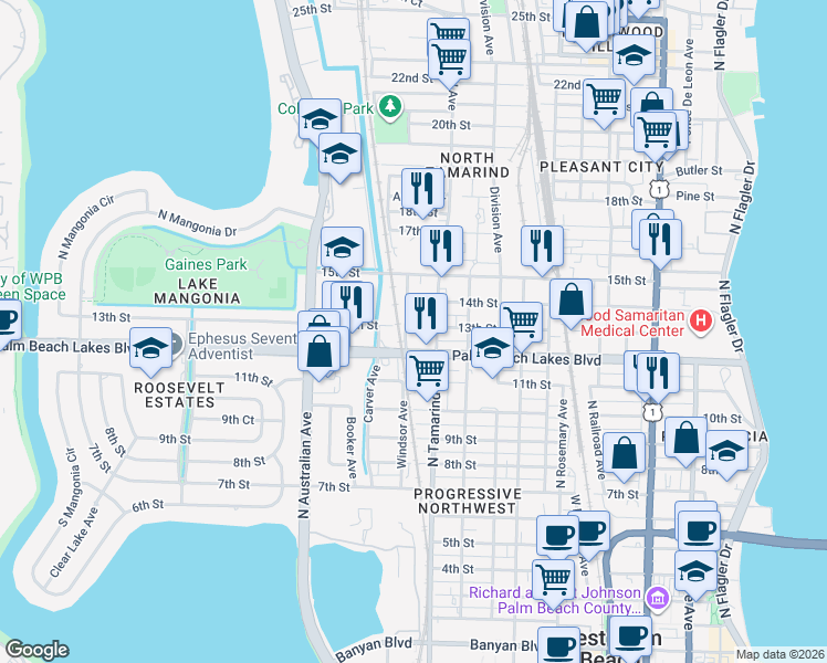 map of restaurants, bars, coffee shops, grocery stores, and more near 1018 13th Street in West Palm Beach