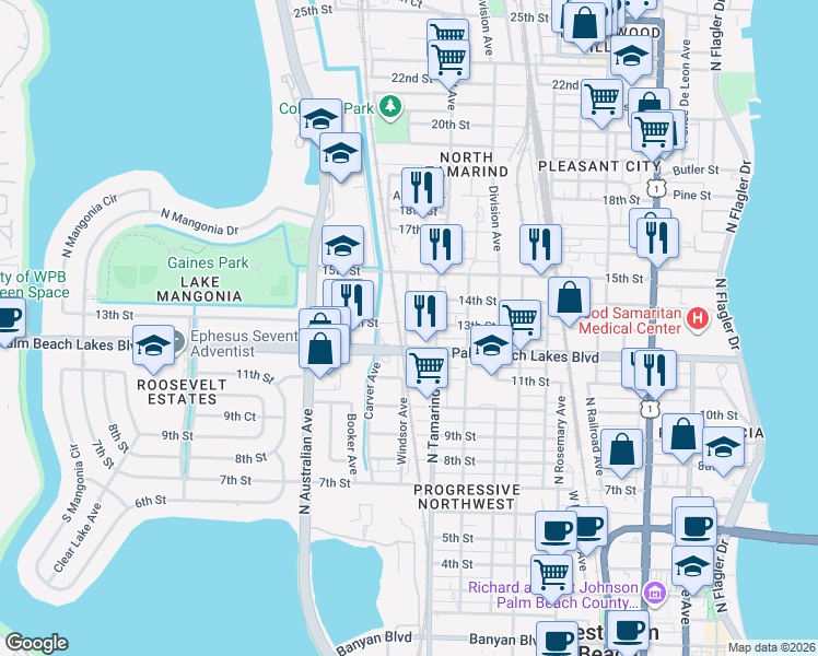 map of restaurants, bars, coffee shops, grocery stores, and more near 1020 13th Street in West Palm Beach
