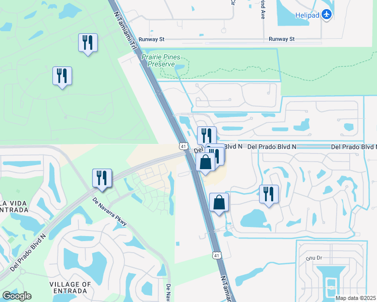 map of restaurants, bars, coffee shops, grocery stores, and more near N Tamiami Trail & Del Prado Blvd N in North Fort Myers