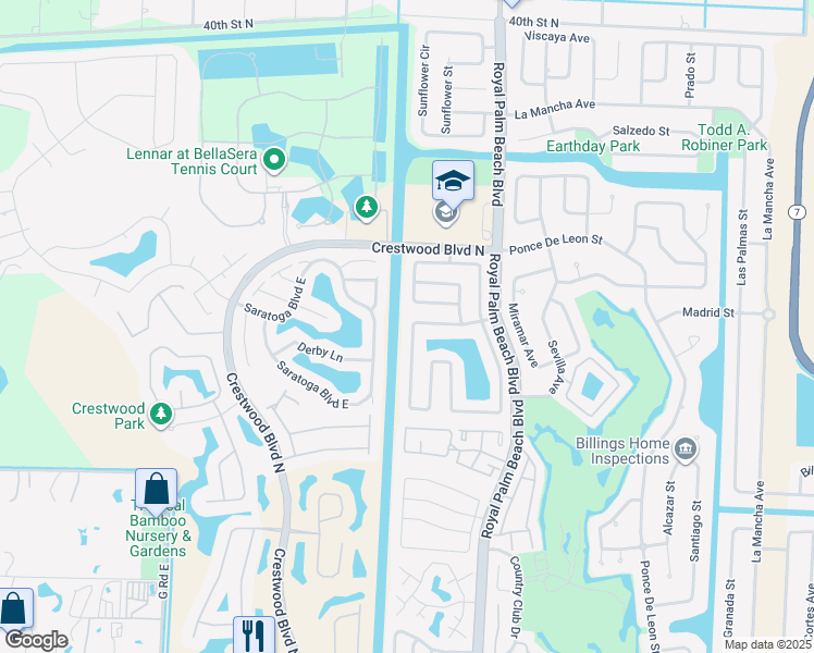 map of restaurants, bars, coffee shops, grocery stores, and more near 122 Parkwood Drive in Royal Palm Beach