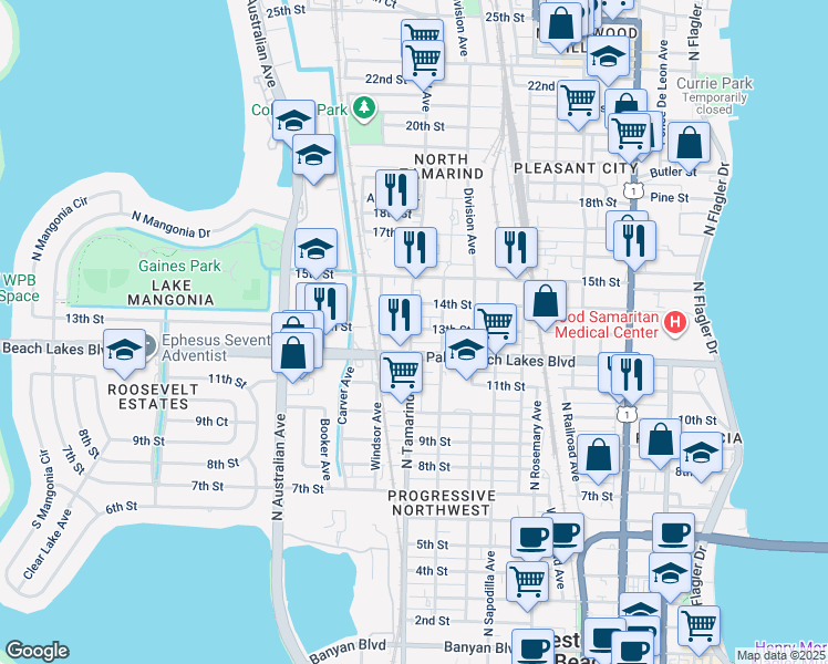 map of restaurants, bars, coffee shops, grocery stores, and more near 910 13th Street in West Palm Beach
