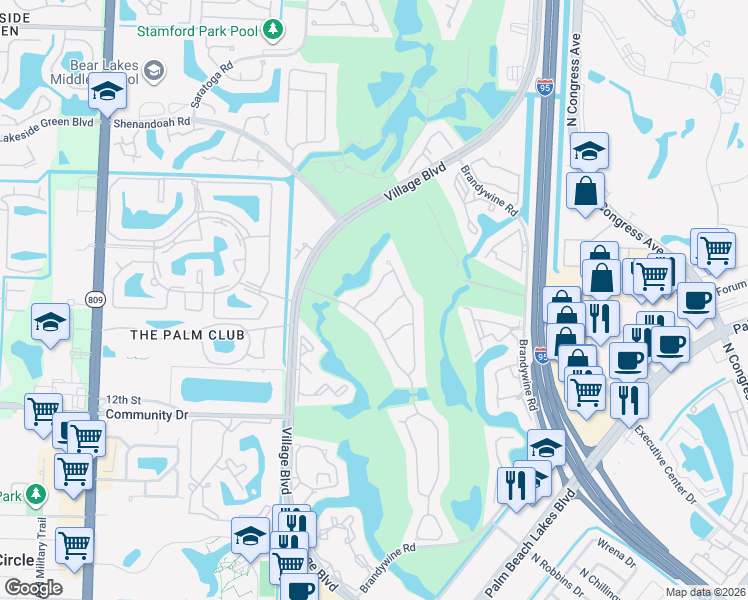 map of restaurants, bars, coffee shops, grocery stores, and more near 2840 Wilderness Road in West Palm Beach