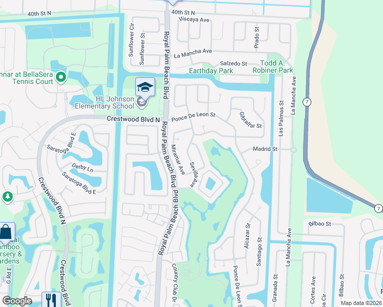 map of restaurants, bars, coffee shops, grocery stores, and more near 123 Sevilla Avenue in Royal Palm Beach