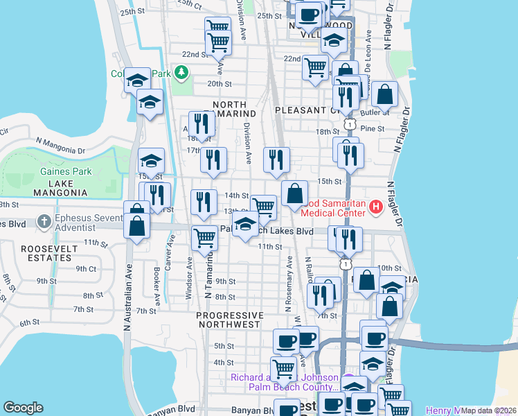 map of restaurants, bars, coffee shops, grocery stores, and more near 618 13th Street in West Palm Beach