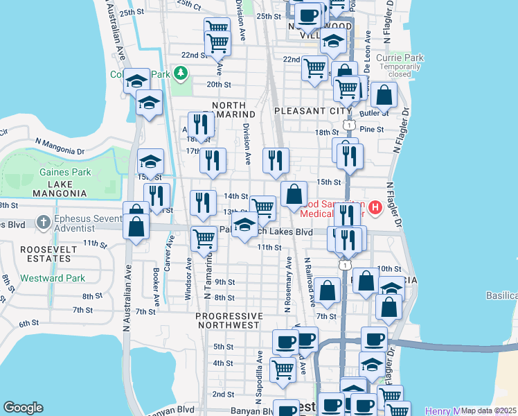 map of restaurants, bars, coffee shops, grocery stores, and more near 618 13th Street in West Palm Beach