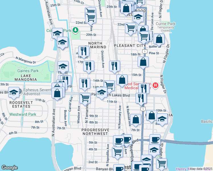 map of restaurants, bars, coffee shops, grocery stores, and more near 800 13th Street in West Palm Beach