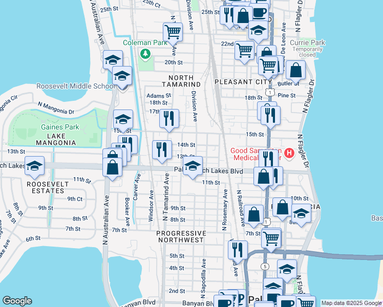 map of restaurants, bars, coffee shops, grocery stores, and more near 800 13th Street in West Palm Beach