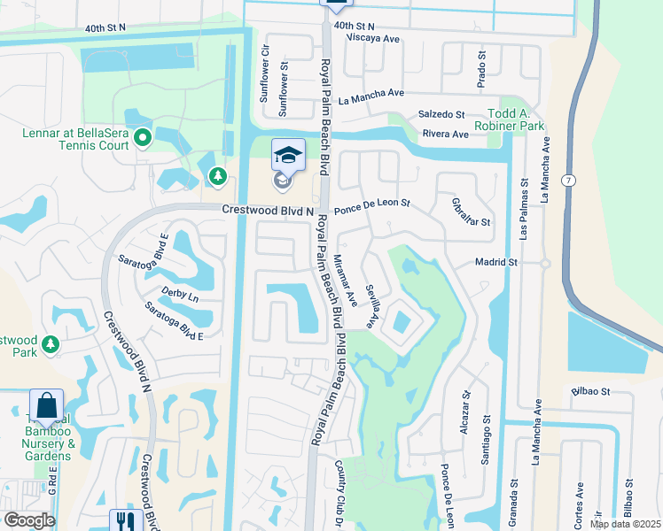 map of restaurants, bars, coffee shops, grocery stores, and more near 124 Miramar Avenue in Royal Palm Beach