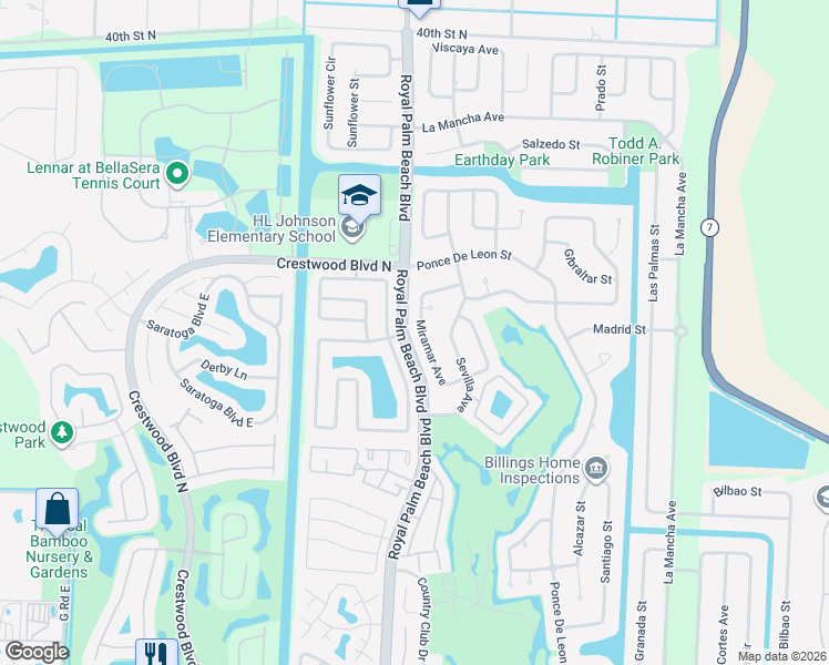 map of restaurants, bars, coffee shops, grocery stores, and more near 124 Miramar Avenue in Royal Palm Beach