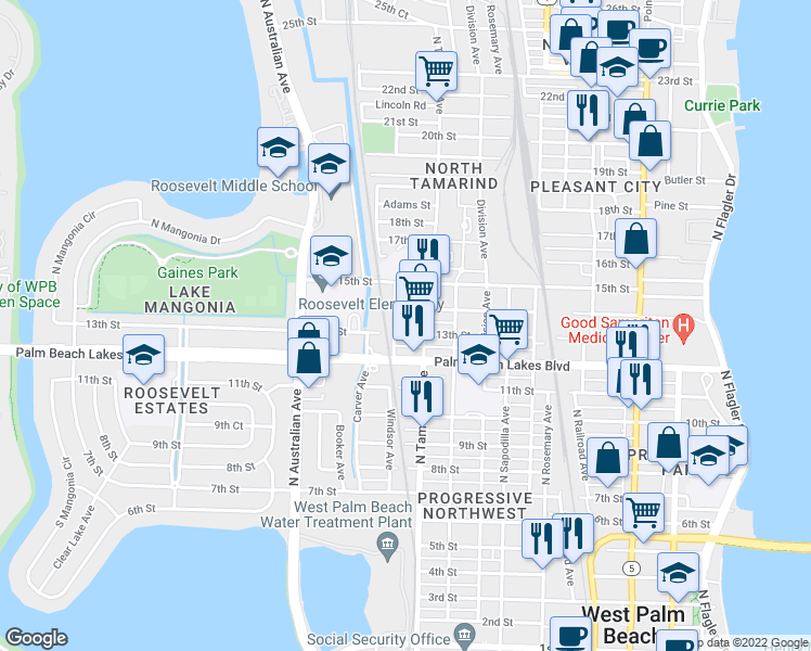 map of restaurants, bars, coffee shops, grocery stores, and more near 1018 13th Street in West Palm Beach