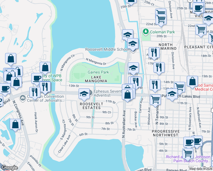 map of restaurants, bars, coffee shops, grocery stores, and more near 1364 13th Street in West Palm Beach