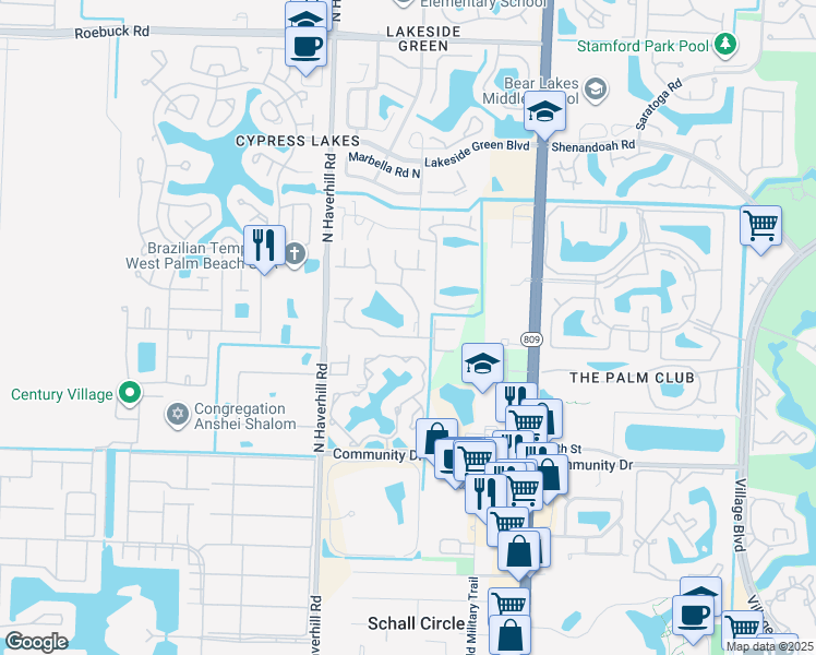 map of restaurants, bars, coffee shops, grocery stores, and more near Sable Pine Circle in West Palm Beach