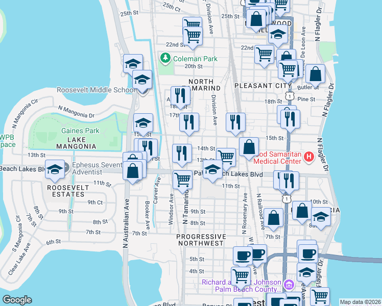 map of restaurants, bars, coffee shops, grocery stores, and more near 910 13th Street in West Palm Beach