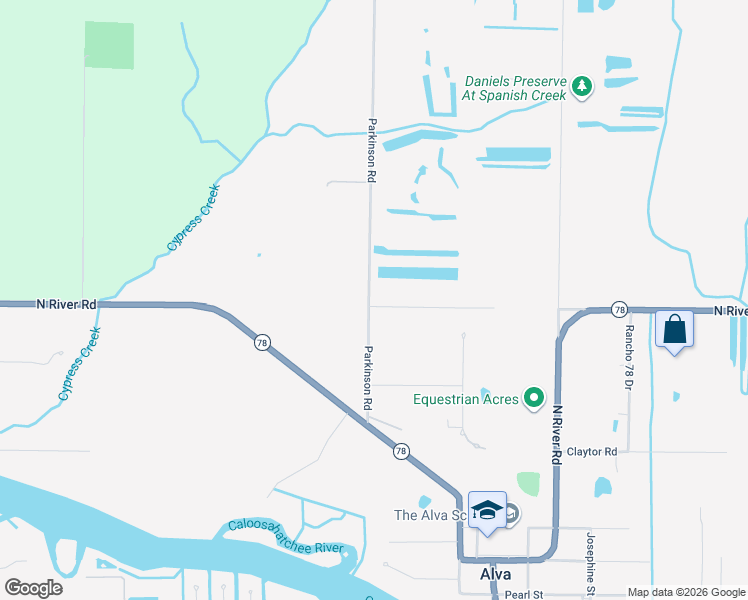 map of restaurants, bars, coffee shops, grocery stores, and more near 18030 Parkinson Road in Alva